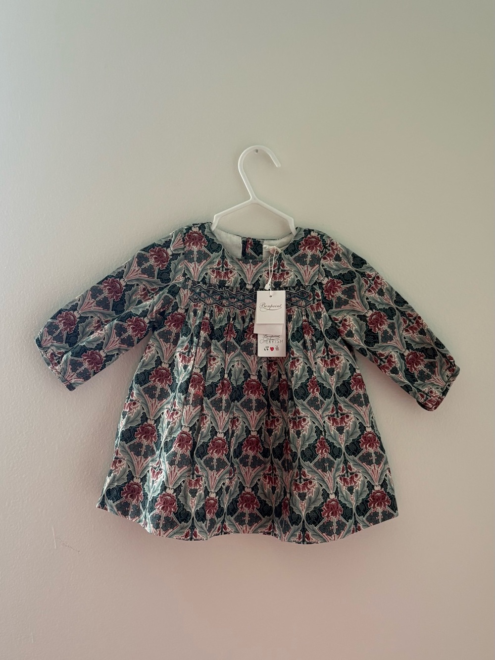 Bonpoint Green Floral Smocked Long-Sleeve Dress with Burgundy Blooms